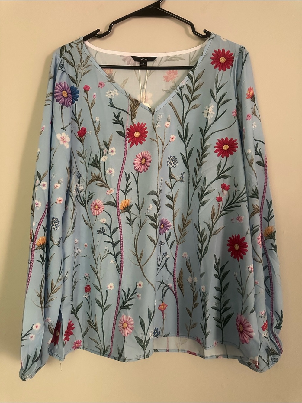 Floral V-Neck Light Blue Blouse with Long Sleeves